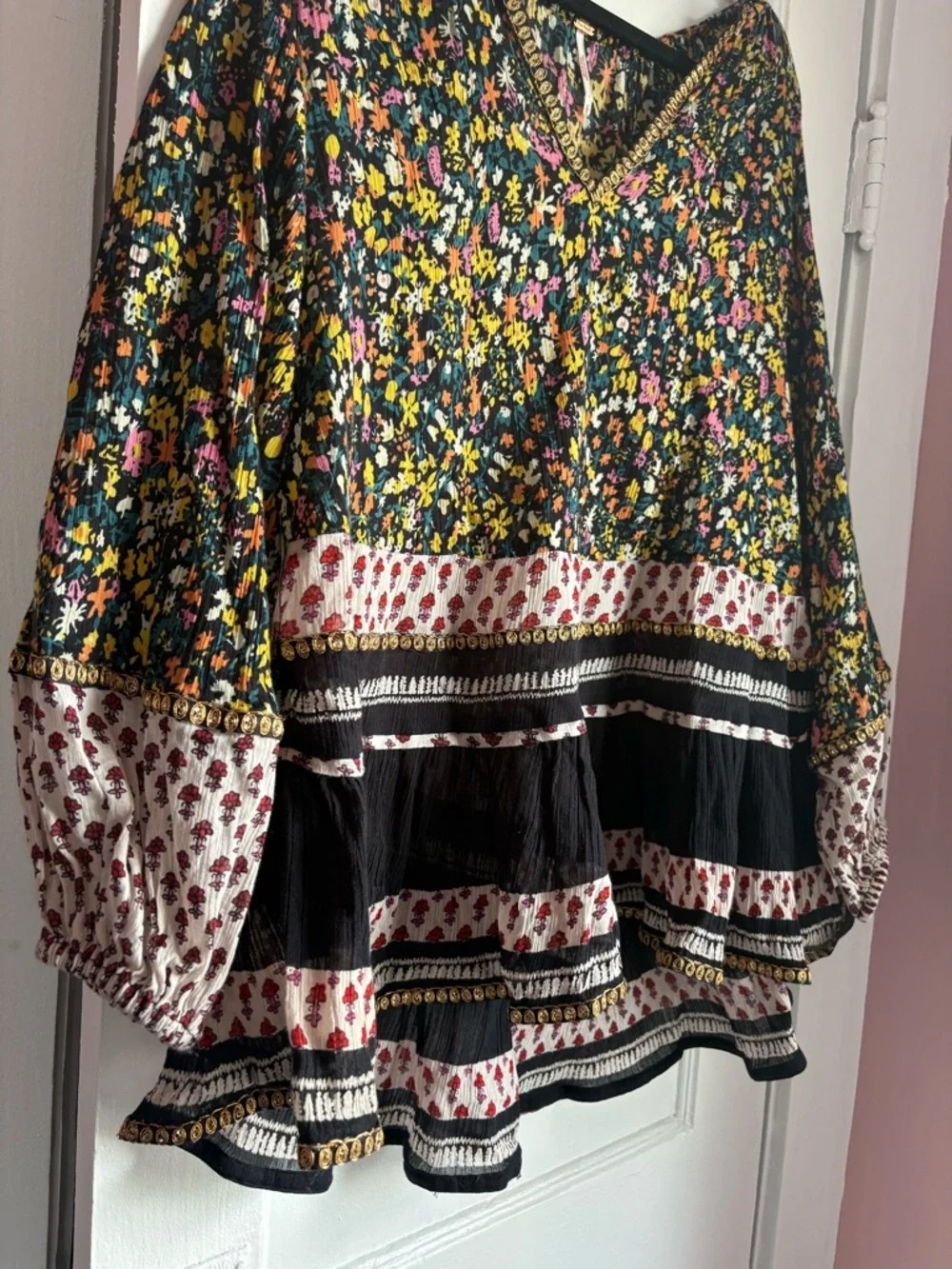Free People Gardenia Mixed Print Sequin Tunic Blouse Black Small Boho Festival